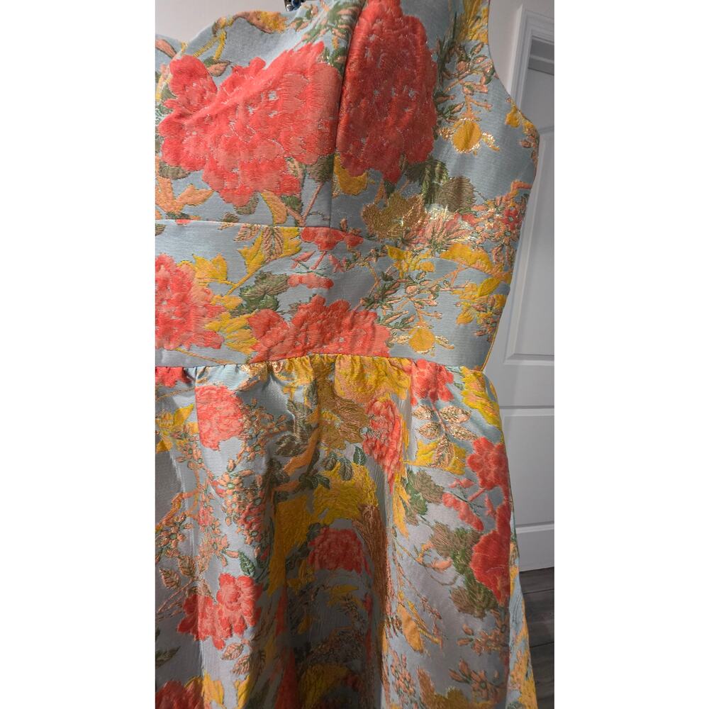 Mac Duggal Floral Brocade Maxi Dress in Coral, Yellow and Gray-Blue - Picture 7 of 8